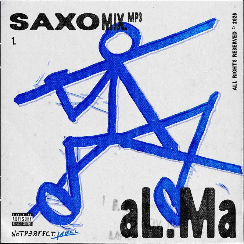 Portada de muestra: SAXO MIX de aL.Ma, un Stickman azul tocando el saxofón.